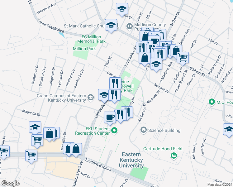map of restaurants, bars, coffee shops, grocery stores, and more near 521 Lancaster Avenue in Richmond