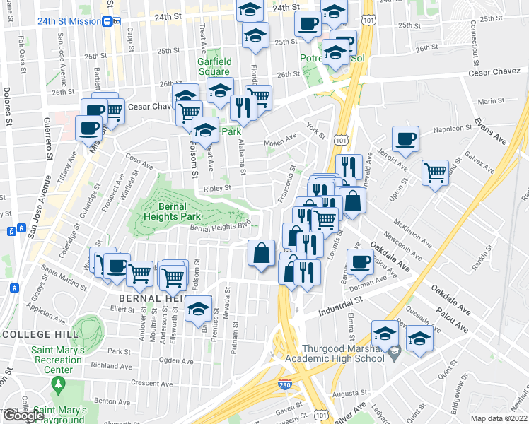 map of restaurants, bars, coffee shops, grocery stores, and more near 1 Bradford Street in San Francisco