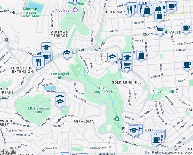 map of restaurants, bars, coffee shops, grocery stores, and more near 116 Turquoise Way in San Francisco