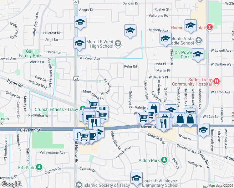 map of restaurants, bars, coffee shops, grocery stores, and more near 1393 Evergreen Way in Tracy