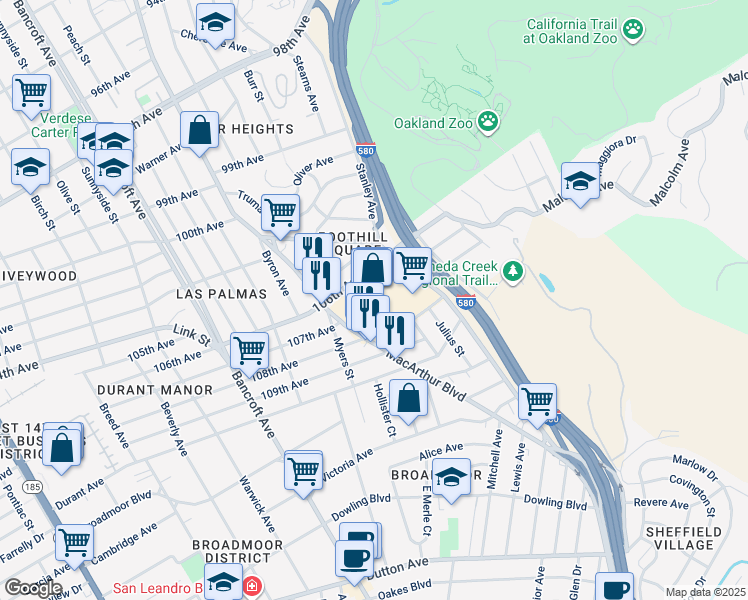 map of restaurants, bars, coffee shops, grocery stores, and more near 2646 106th Avenue in Oakland