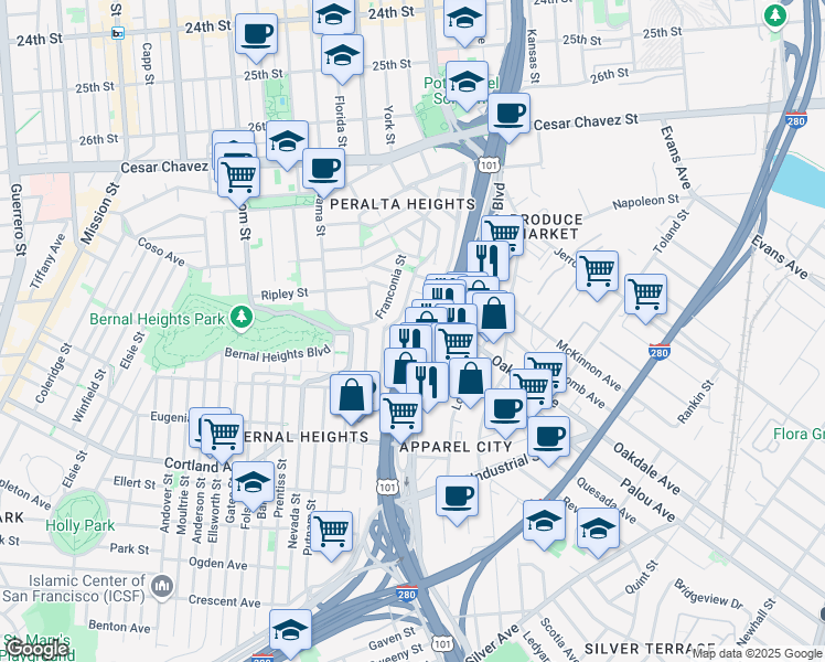 map of restaurants, bars, coffee shops, grocery stores, and more near 416 Holladay Avenue in San Francisco