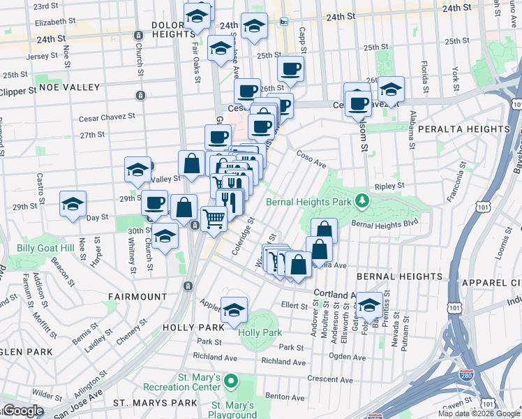 map of restaurants, bars, coffee shops, grocery stores, and more near 166 Lundys Lane in San Francisco