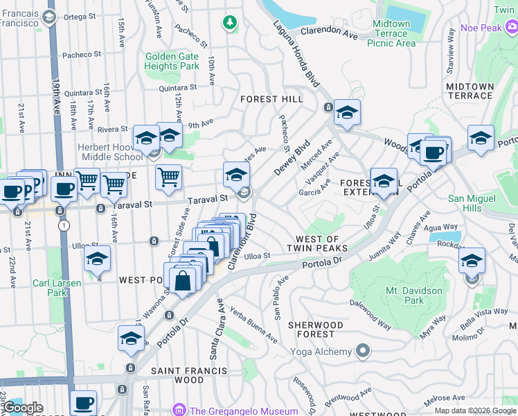 map of restaurants, bars, coffee shops, grocery stores, and more near 349 Kensington Way in San Francisco