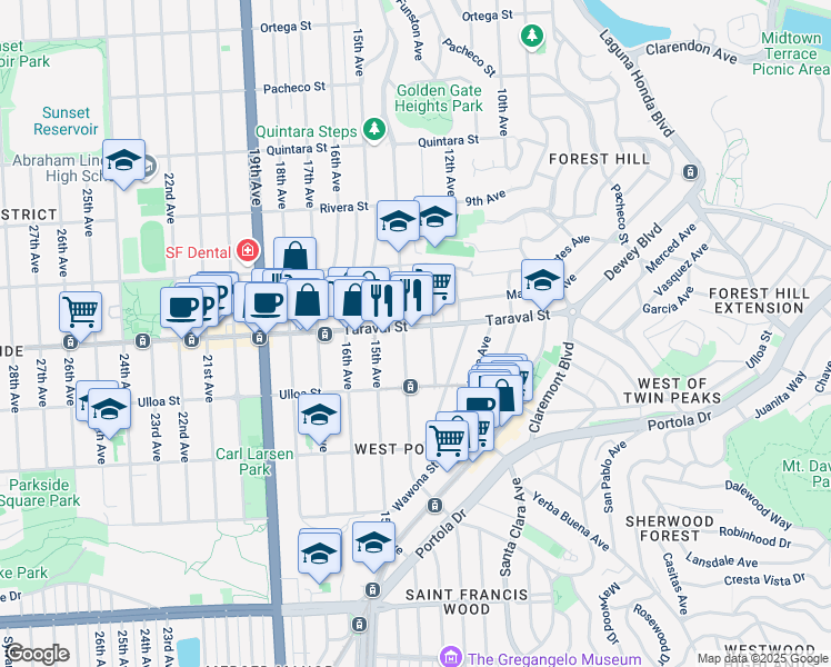 map of restaurants, bars, coffee shops, grocery stores, and more near 401 Taraval Street in San Francisco