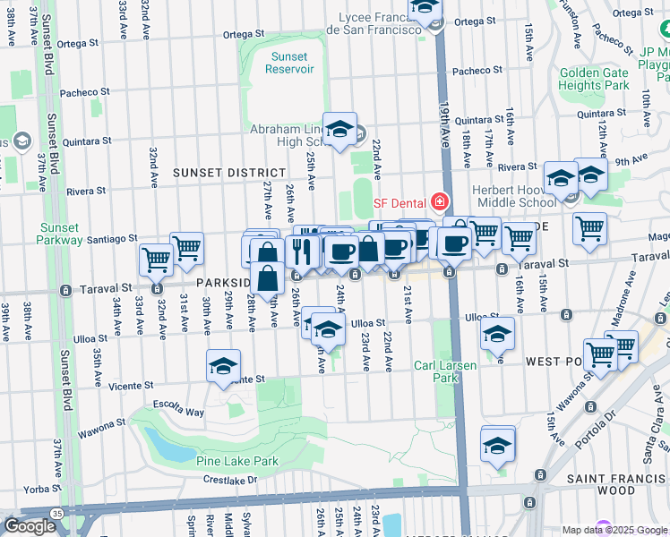 map of restaurants, bars, coffee shops, grocery stores, and more near 1433 Taraval Street in San Francisco