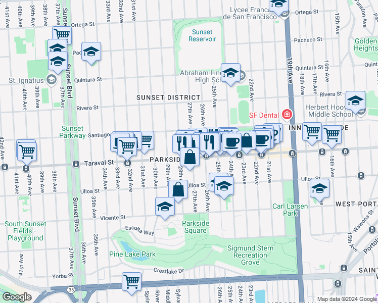 map of restaurants, bars, coffee shops, grocery stores, and more near 1644 Taraval Street in San Francisco