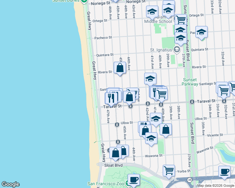 map of restaurants, bars, coffee shops, grocery stores, and more near 2326 46th Avenue in San Francisco