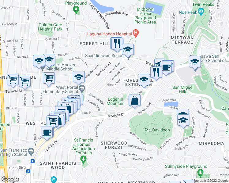 map of restaurants, bars, coffee shops, grocery stores, and more near 375 Edgehill Way in San Francisco