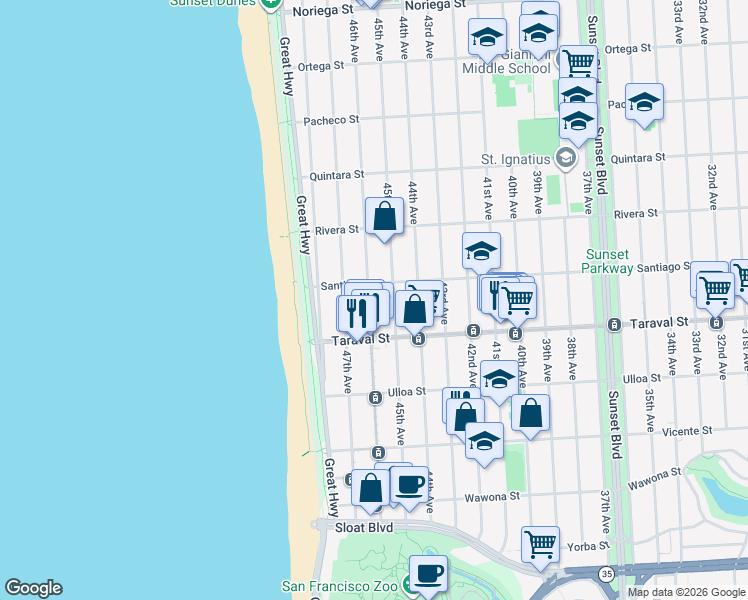 map of restaurants, bars, coffee shops, grocery stores, and more near 2326 46th Avenue in San Francisco