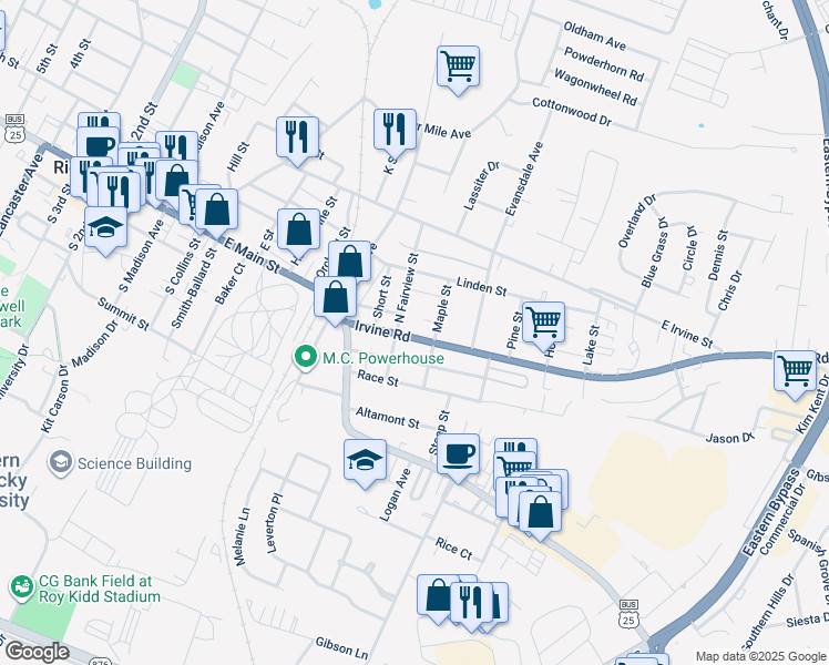 map of restaurants, bars, coffee shops, grocery stores, and more near 1013 East Main Street in Richmond