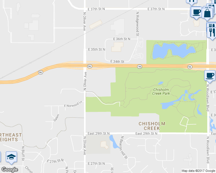 map of restaurants, bars, coffee shops, grocery stores, and more near 3260 North Oliver Street in Wichita