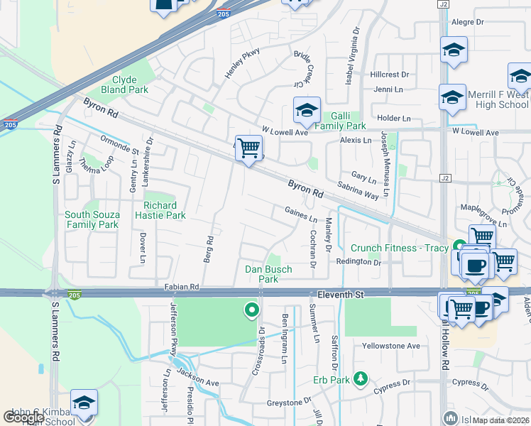 map of restaurants, bars, coffee shops, grocery stores, and more near 2607 Spencer Court in Tracy