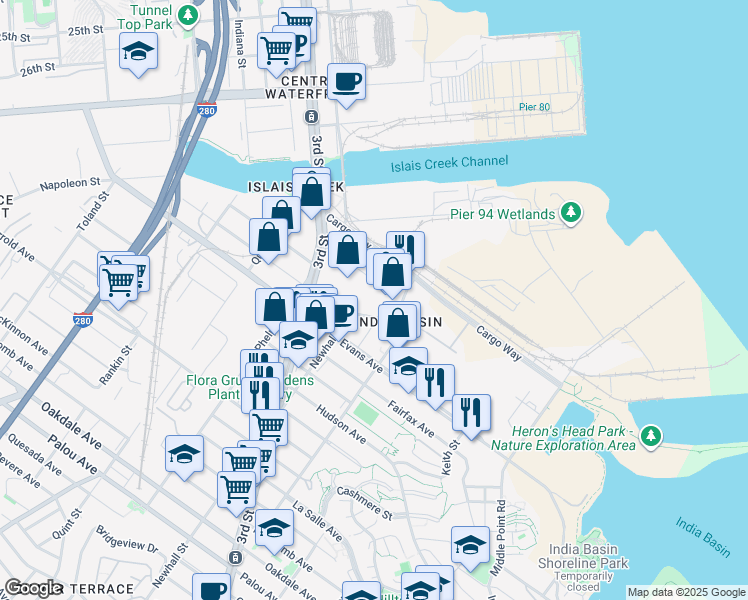 map of restaurants, bars, coffee shops, grocery stores, and more near 240 Newhall Street in San Francisco