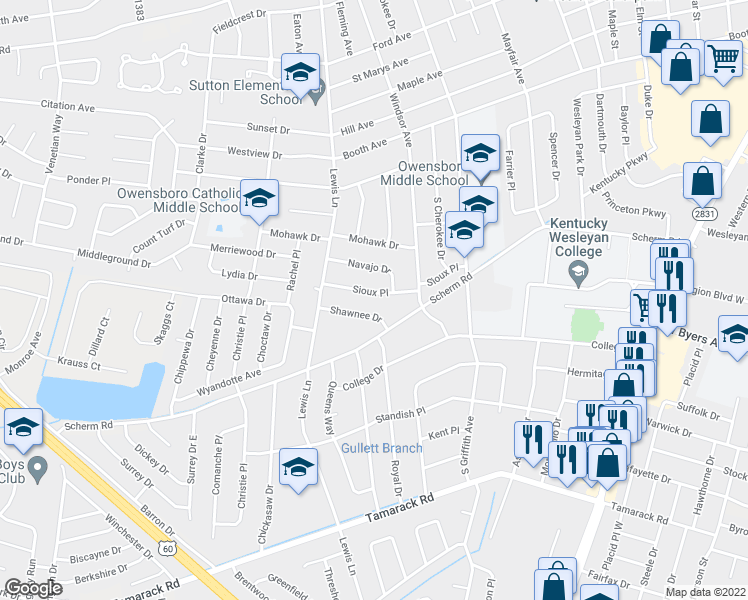 map of restaurants, bars, coffee shops, grocery stores, and more near 1638 Sioux Pl in Owensboro