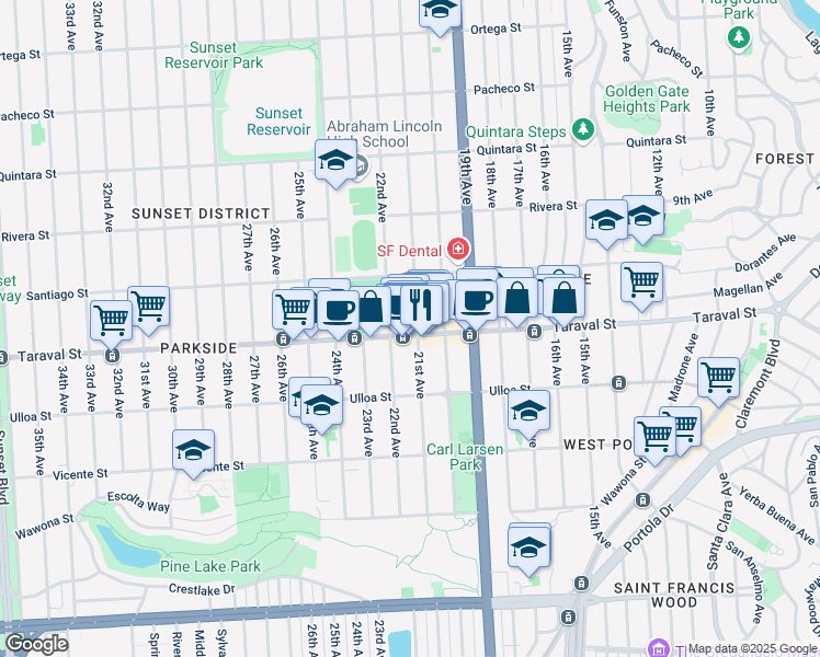 map of restaurants, bars, coffee shops, grocery stores, and more near 1108 Taraval Street in San Francisco