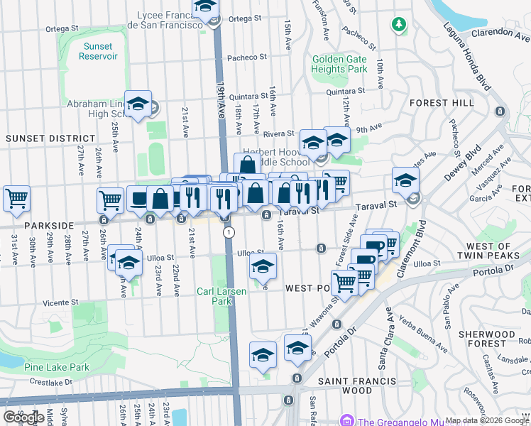 map of restaurants, bars, coffee shops, grocery stores, and more near 650 Taraval St in San Francisco
