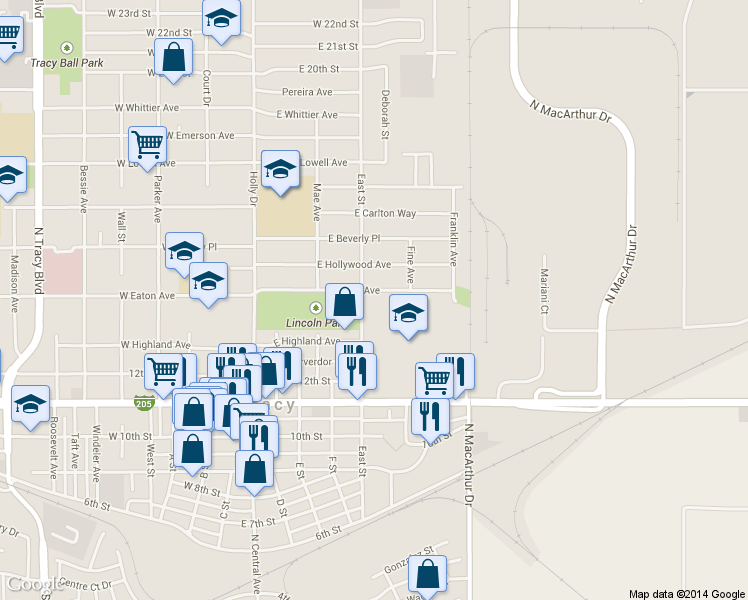 map of restaurants, bars, coffee shops, grocery stores, and more near 318 East Eaton Avenue in Tracy