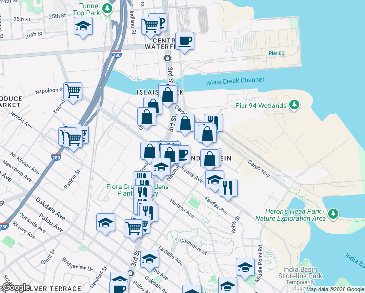 map of restaurants, bars, coffee shops, grocery stores, and more near 330 Newhall Street in San Francisco