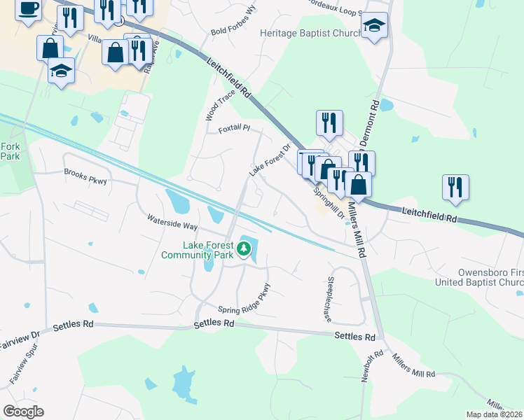 map of restaurants, bars, coffee shops, grocery stores, and more near 3124 Spring Run in Owensboro