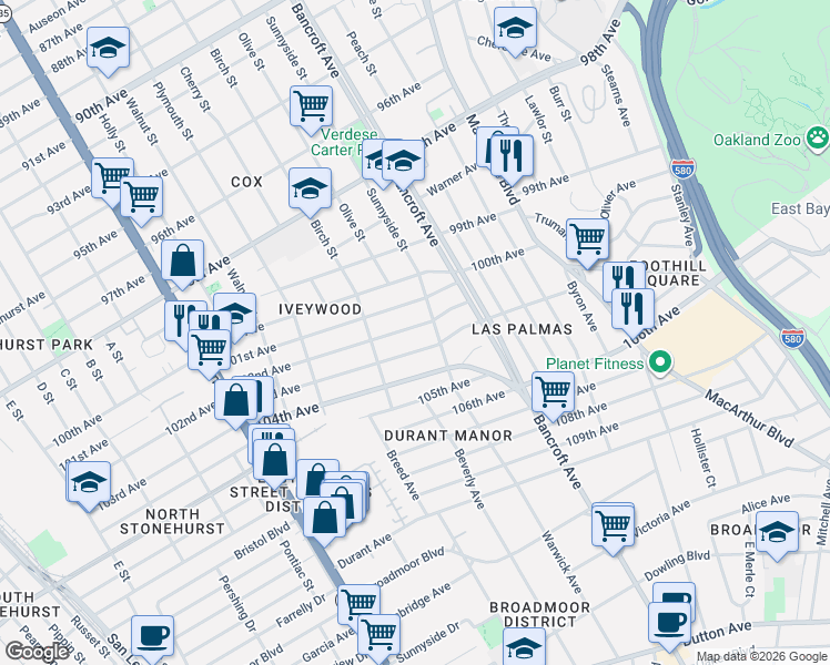 map of restaurants, bars, coffee shops, grocery stores, and more near 2018 102nd Avenue in Oakland