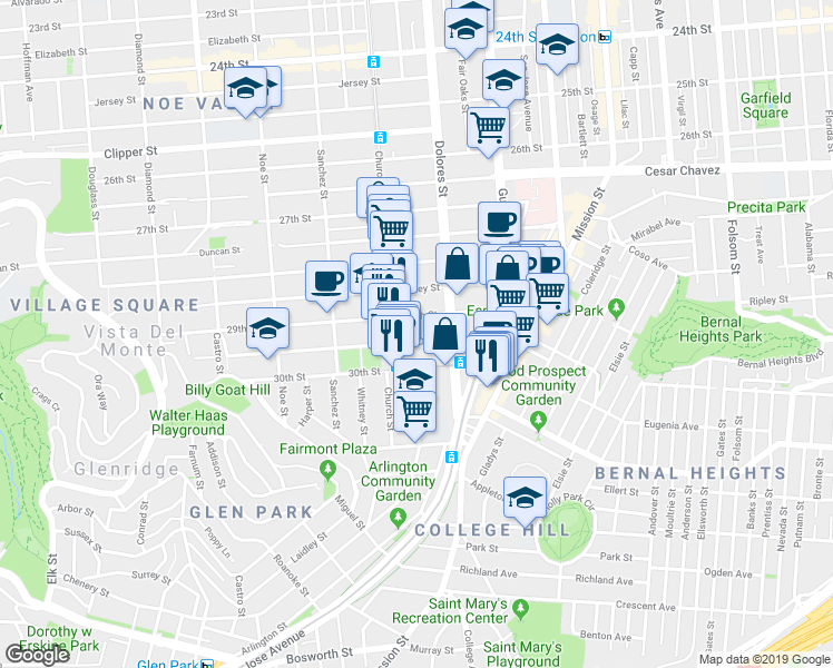 map of restaurants, bars, coffee shops, grocery stores, and more near 152 Day Street in San Francisco