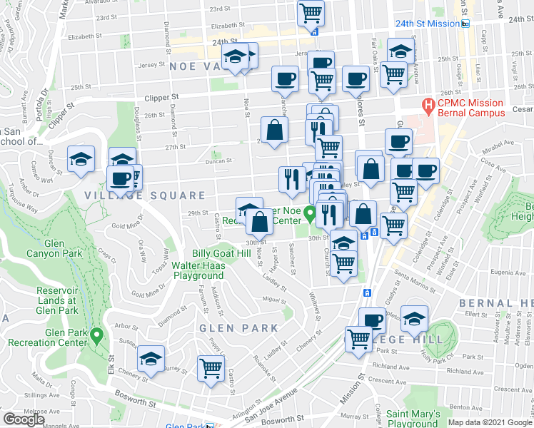 map of restaurants, bars, coffee shops, grocery stores, and more near 346 Day Street in San Francisco