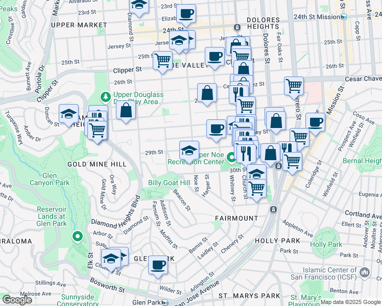 map of restaurants, bars, coffee shops, grocery stores, and more near 1620 Noe Street in San Francisco