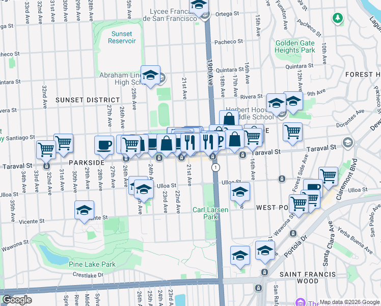 map of restaurants, bars, coffee shops, grocery stores, and more near 1108 Taraval Street in San Francisco