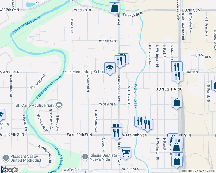 map of restaurants, bars, coffee shops, grocery stores, and more near 831 West 32nd Street North in Wichita