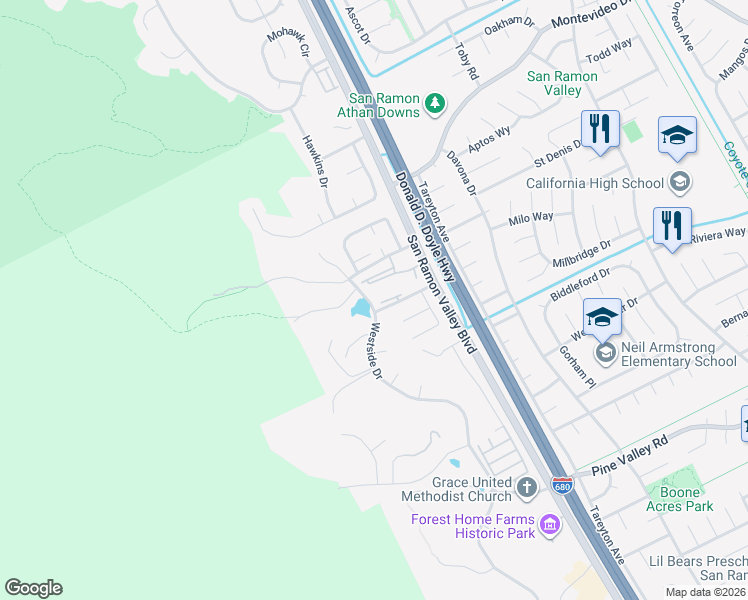 map of restaurants, bars, coffee shops, grocery stores, and more near 2320 Whitetail Lane in San Ramon
