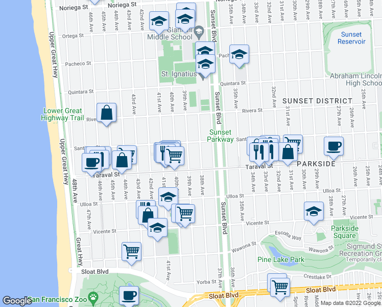 map of restaurants, bars, coffee shops, grocery stores, and more near 2338 39th Avenue in San Francisco