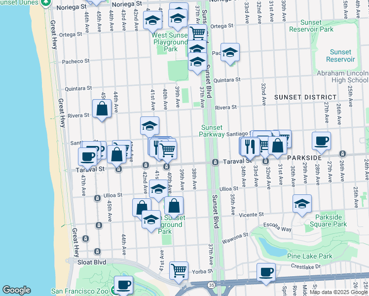 map of restaurants, bars, coffee shops, grocery stores, and more near 2338 39th Avenue in San Francisco