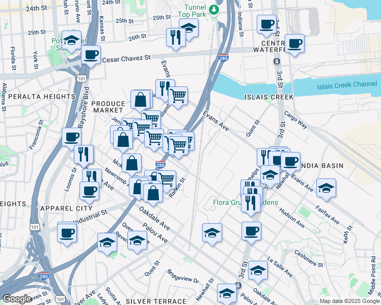 map of restaurants, bars, coffee shops, grocery stores, and more near 56 Innes Avenue in San Francisco