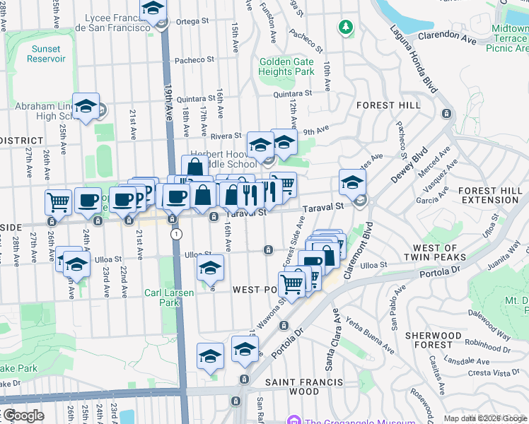 map of restaurants, bars, coffee shops, grocery stores, and more near Taraval Street & 14th Avenue in San Francisco