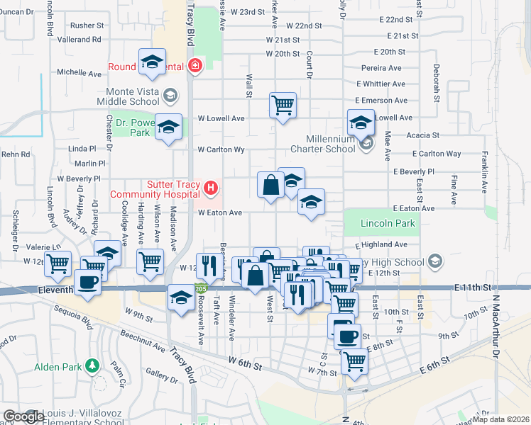 map of restaurants, bars, coffee shops, grocery stores, and more near 354 West Eaton Avenue in Tracy
