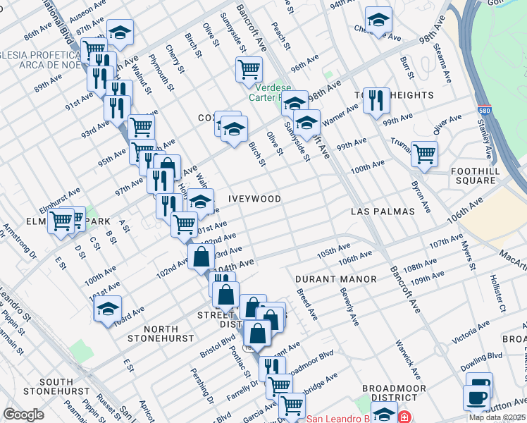 map of restaurants, bars, coffee shops, grocery stores, and more near 1728 101st Avenue in Oakland