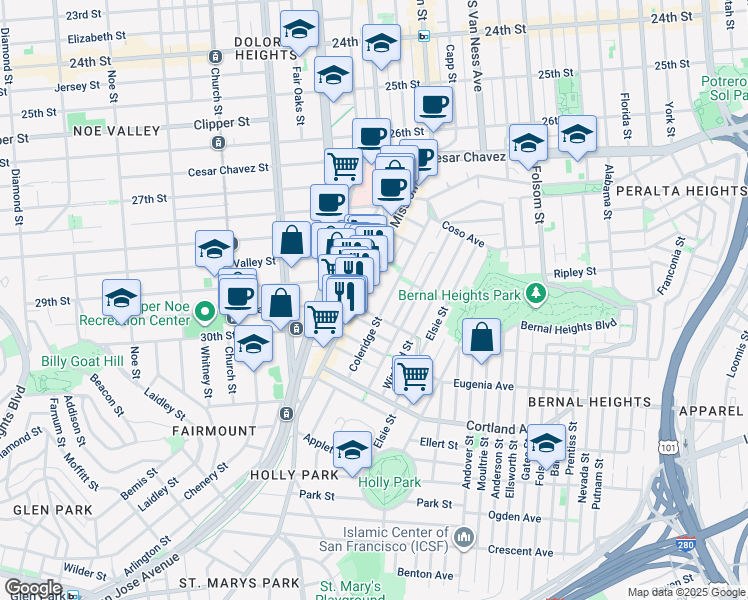 map of restaurants, bars, coffee shops, grocery stores, and more near 25 Virginia Avenue in San Francisco