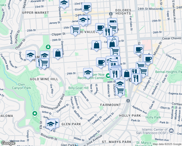 map of restaurants, bars, coffee shops, grocery stores, and more near 1620 Noe Street in San Francisco