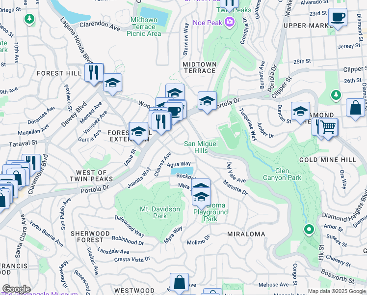 map of restaurants, bars, coffee shops, grocery stores, and more near 145 Evelyn Way in San Francisco