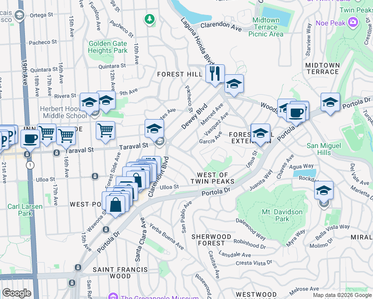 map of restaurants, bars, coffee shops, grocery stores, and more near 166 Kensington Way in San Francisco