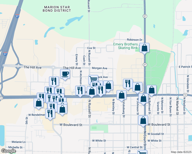 map of restaurants, bars, coffee shops, grocery stores, and more near 1409 North Russell Street in Marion