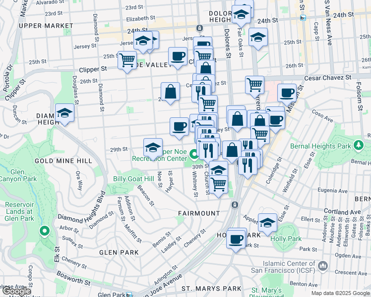 map of restaurants, bars, coffee shops, grocery stores, and more near 1609 Sanchez Street in San Francisco