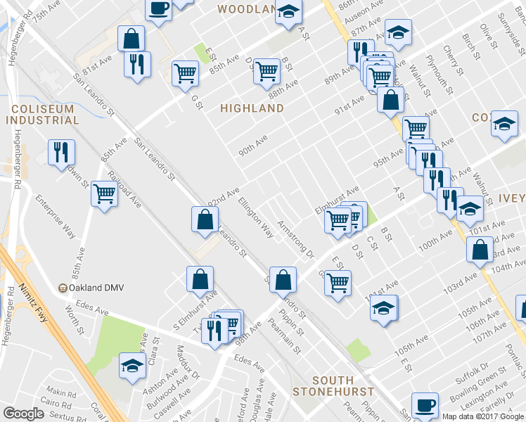 map of restaurants, bars, coffee shops, grocery stores, and more near 9404 Dunbar Drive in Oakland