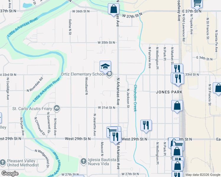 map of restaurants, bars, coffee shops, grocery stores, and more near 721 W 32nd St N in Wichita
