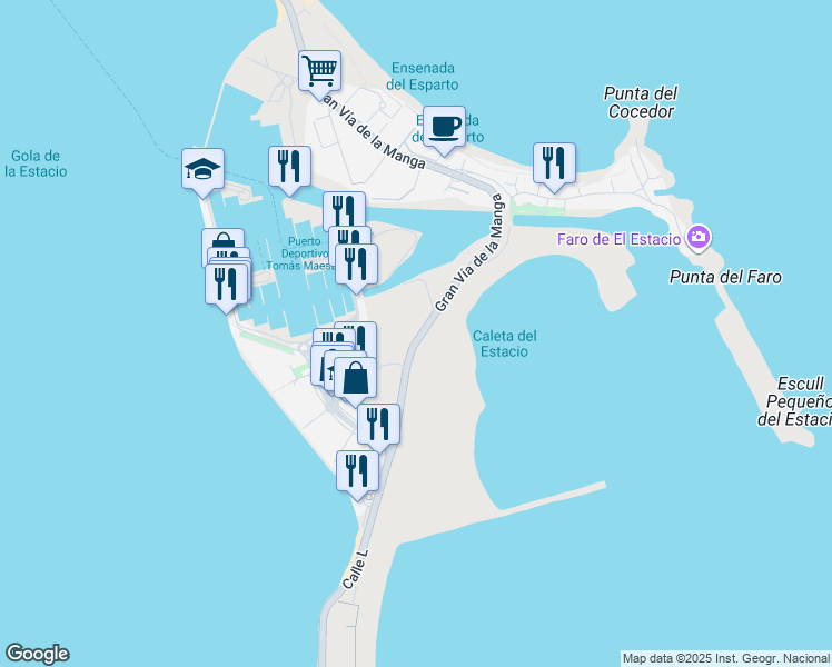 map of restaurants, bars, coffee shops, grocery stores, and more near 1 Calle K in San Javier
