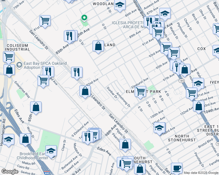 map of restaurants, bars, coffee shops, grocery stores, and more near 9404 Dunbar Drive in Oakland