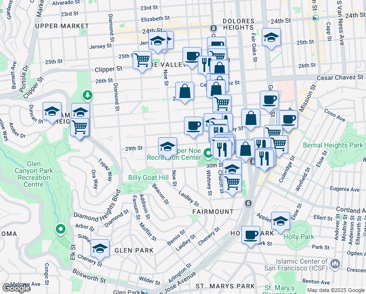 map of restaurants, bars, coffee shops, grocery stores, and more near 455 29th Street in San Francisco
