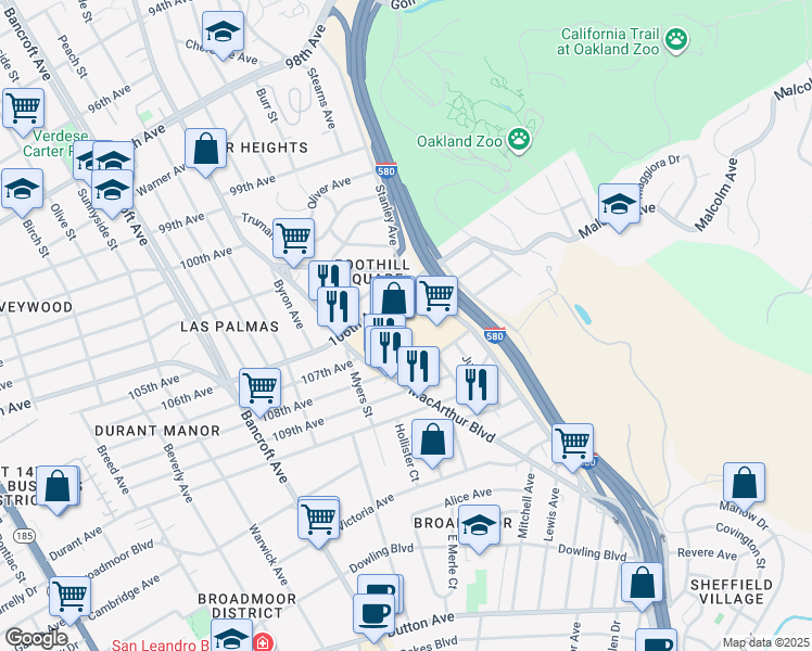 map of restaurants, bars, coffee shops, grocery stores, and more near 10700 MacArthur Boulevard in Oakland