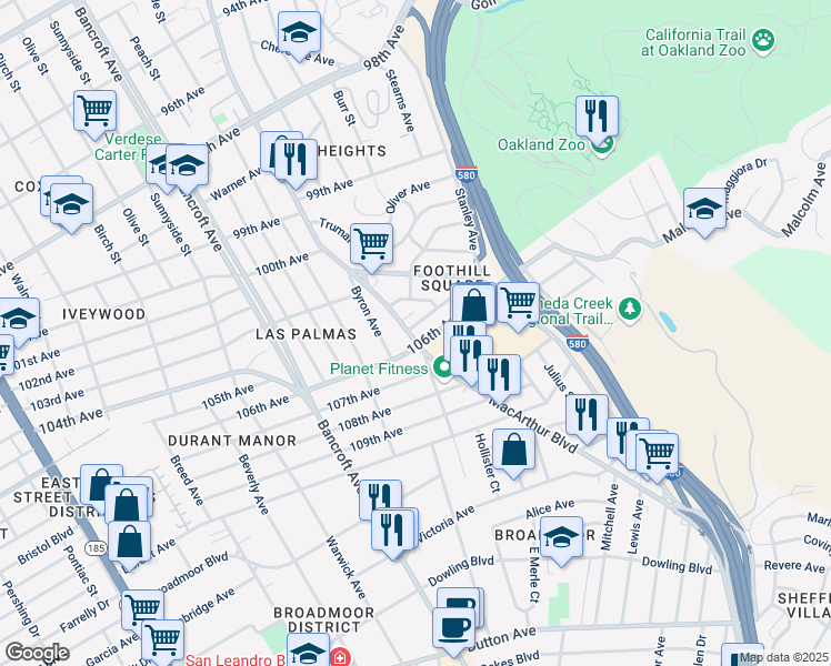 map of restaurants, bars, coffee shops, grocery stores, and more near in Oakland